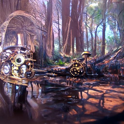 Steampunk Workshop in Forest, Oil Painting