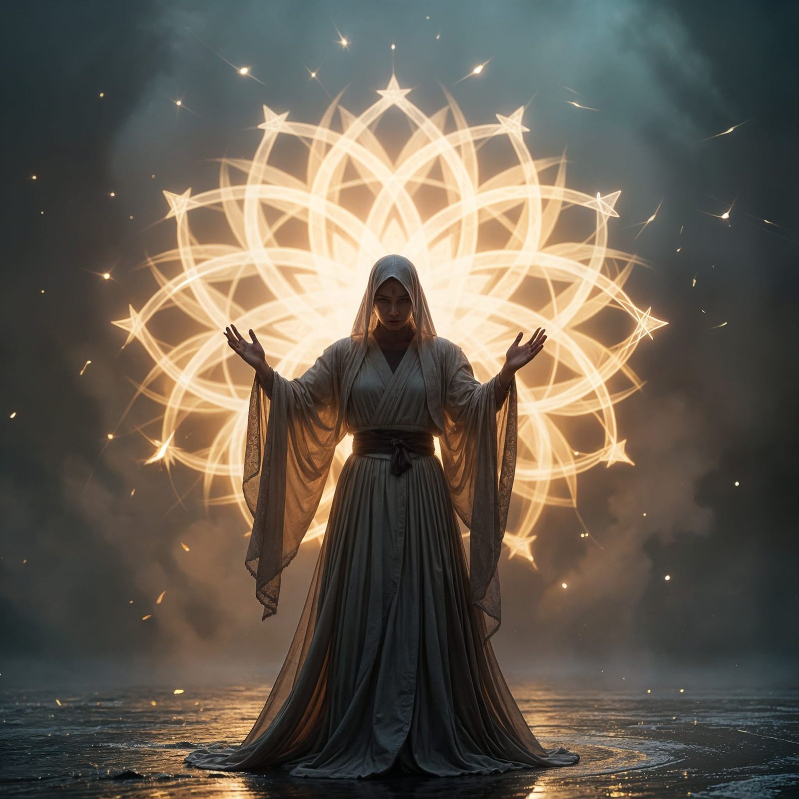 Figure Sculpting Light from Storm: Cinematic Still