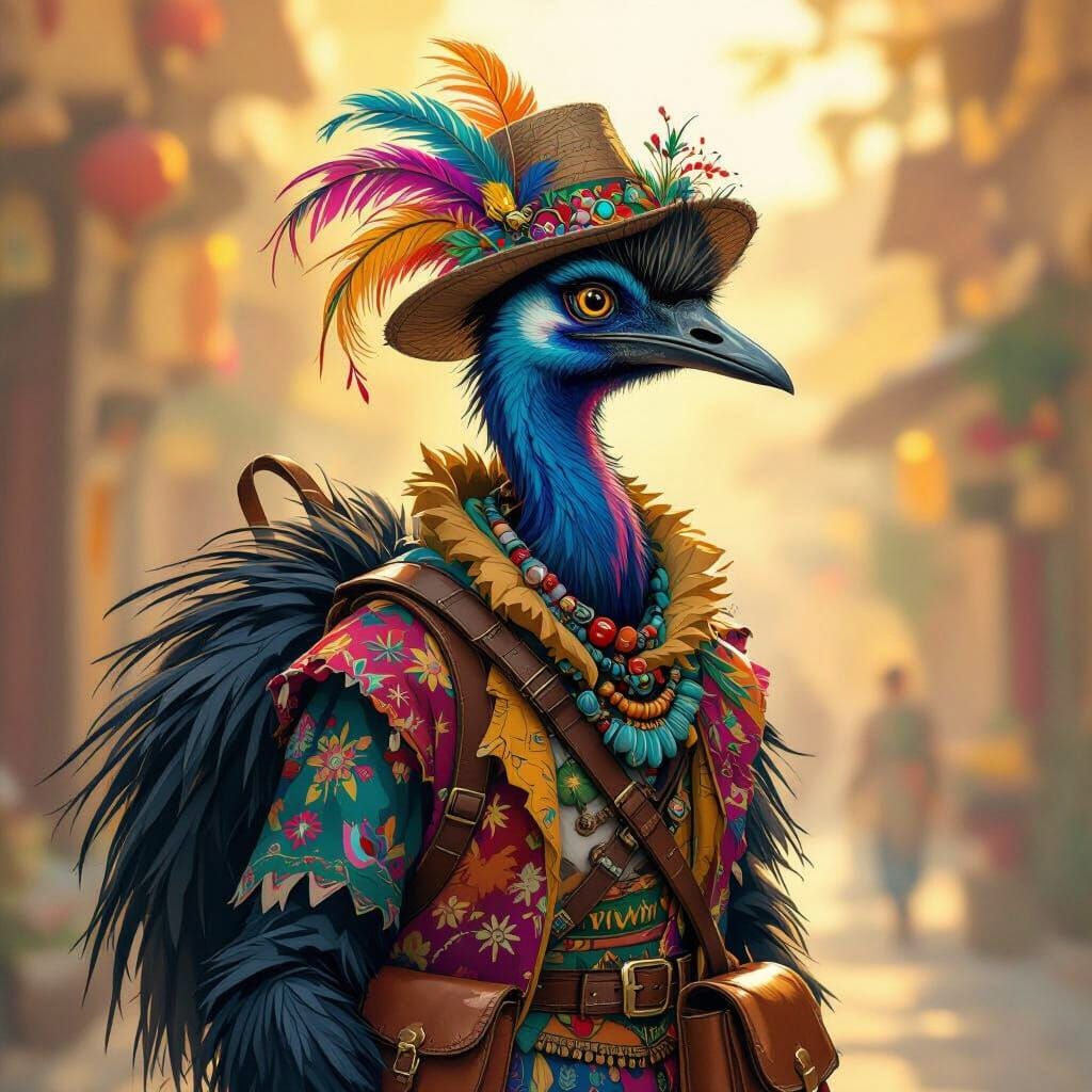 Cassowary Traveling Merchant in Expressive Digital Art