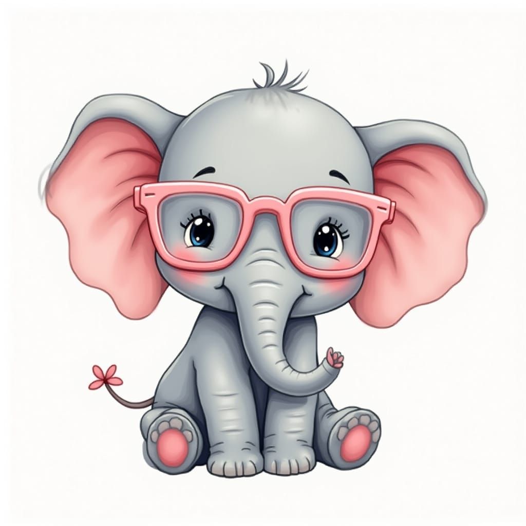 Cute Elephant with Pink Glasses in Whimsical Style
