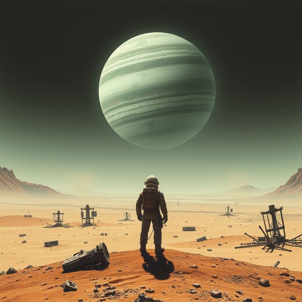 Astronaut on Desolate Planet Gazing at Gas Giant