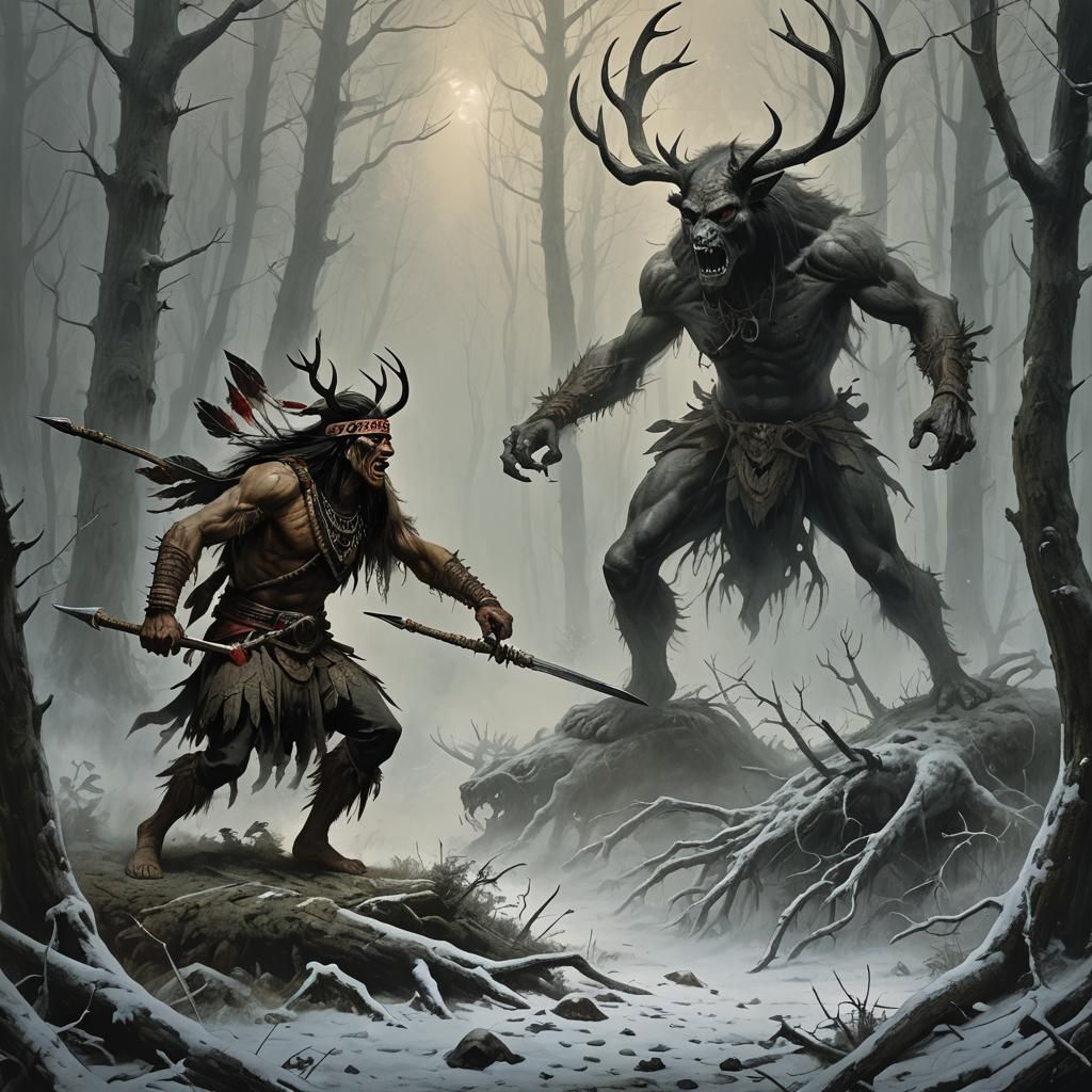 American Indian Warrior vs Wendigo in Foggy Forest