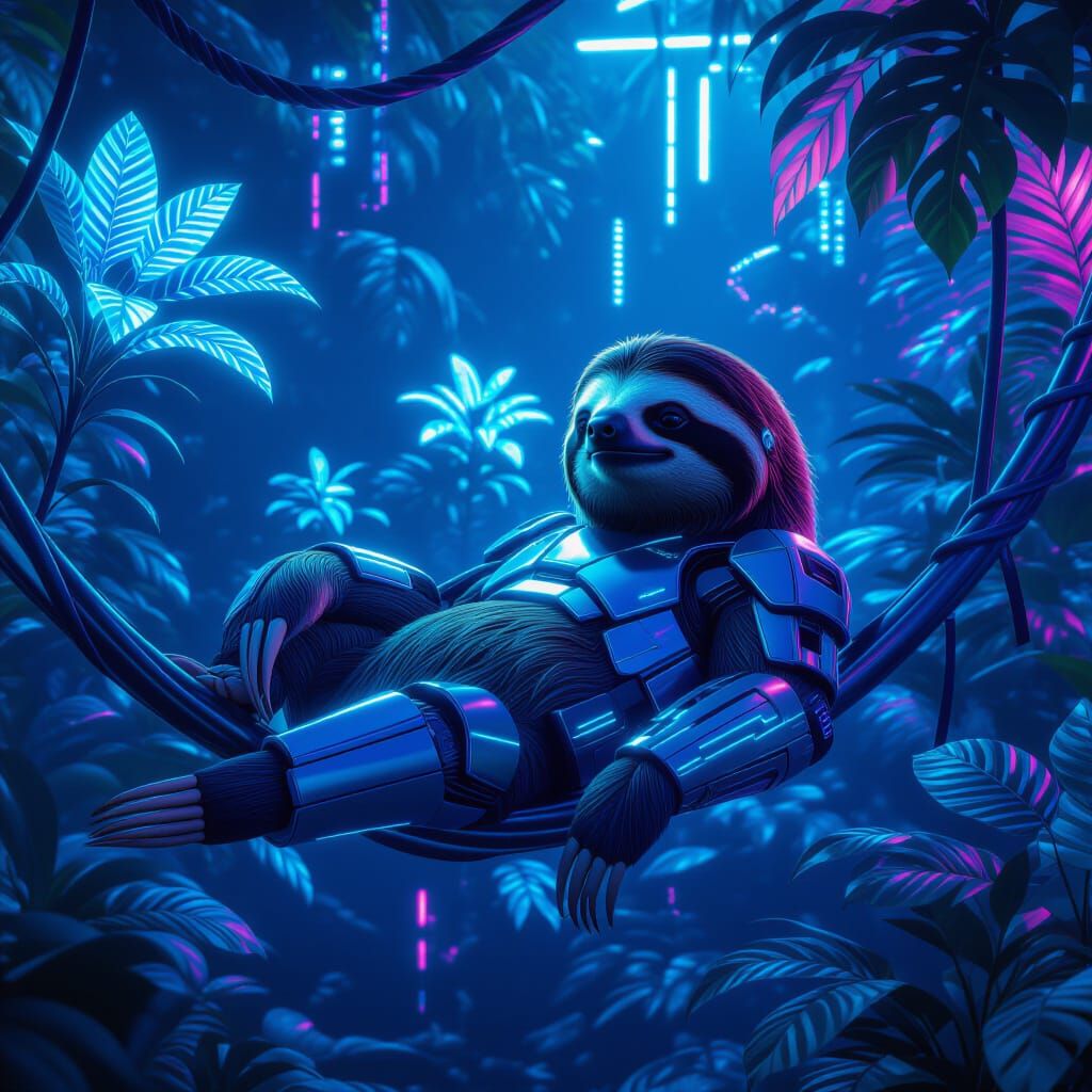 Futuristic Cybernetic Sloth in Neon Jungle
