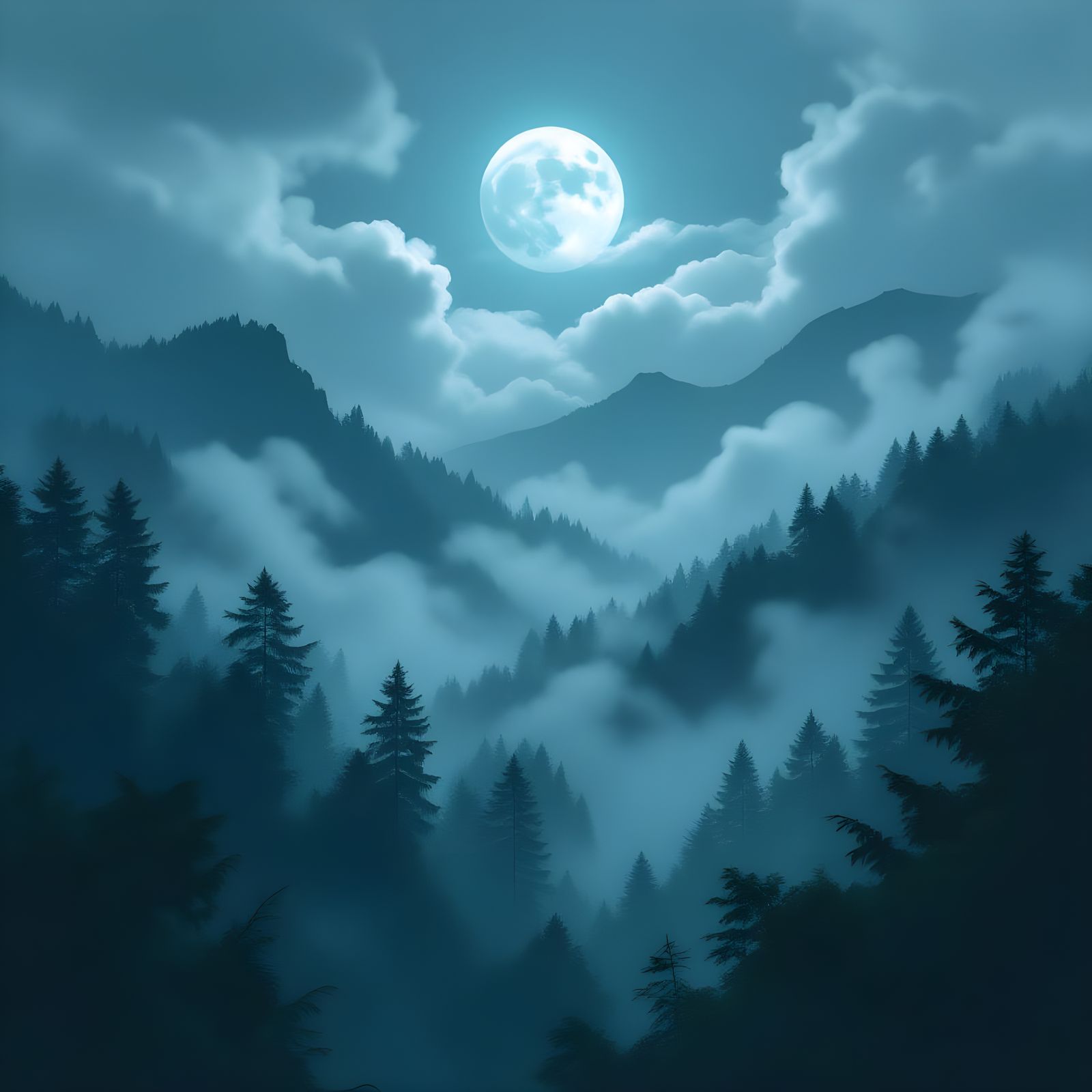 Mystical Dark Green Forest at Night with Fog