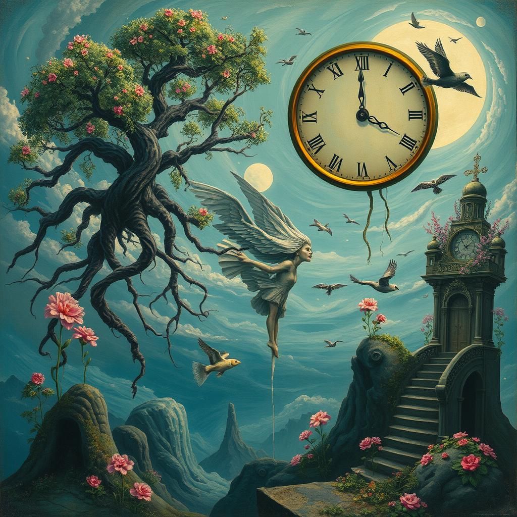 Surreal Dreamscape with Floating Figure in Trance