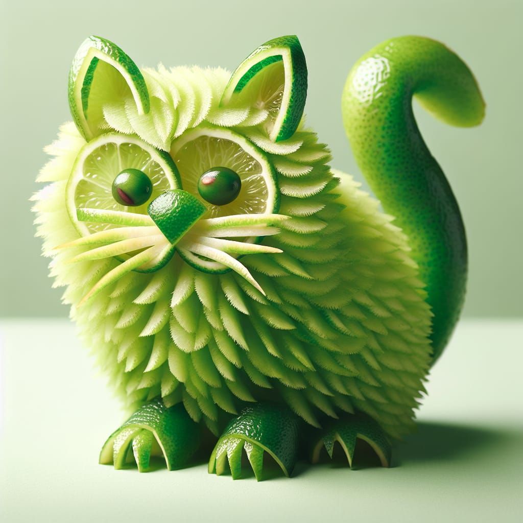Lime and Kiwi Cat Sculpture: Photorealistic Close-Up