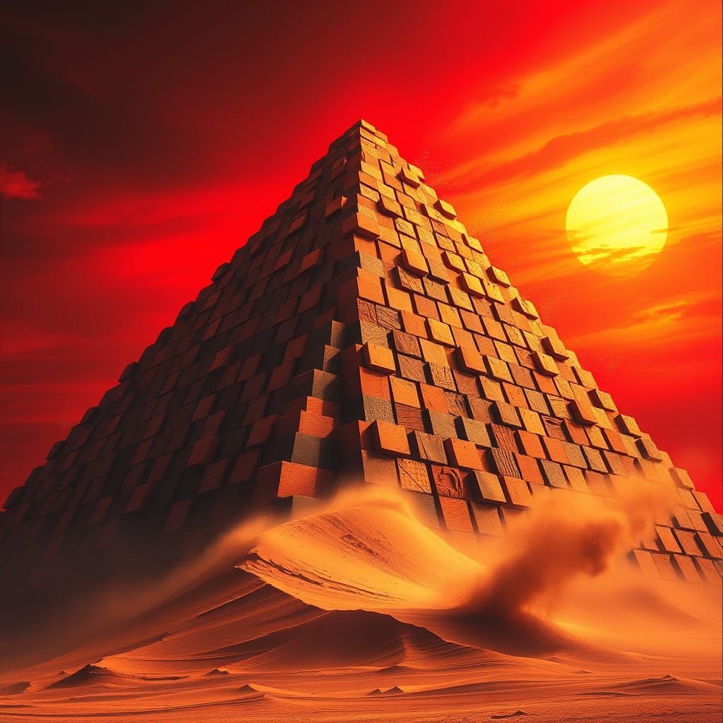 Surreal Pyramid of Shifting Squares in Fiery Sunset