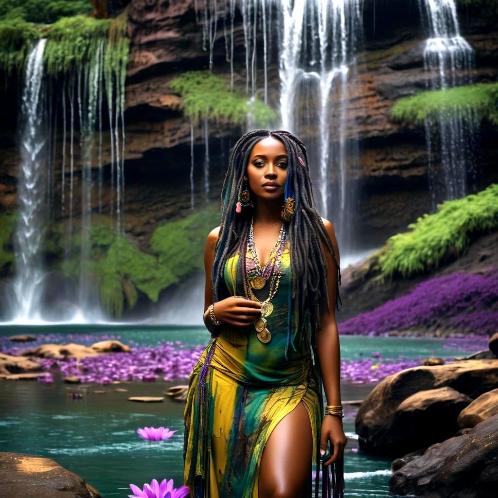 Ethiopian Beauty Under Waterfall in Surreal Tropical Forest