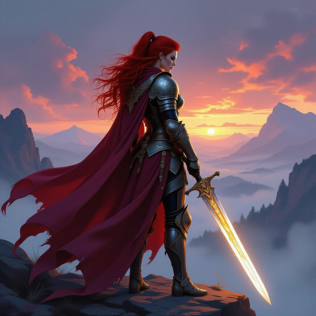 Red Haired Knight in Ornate Armor Overlooking Misty Valley