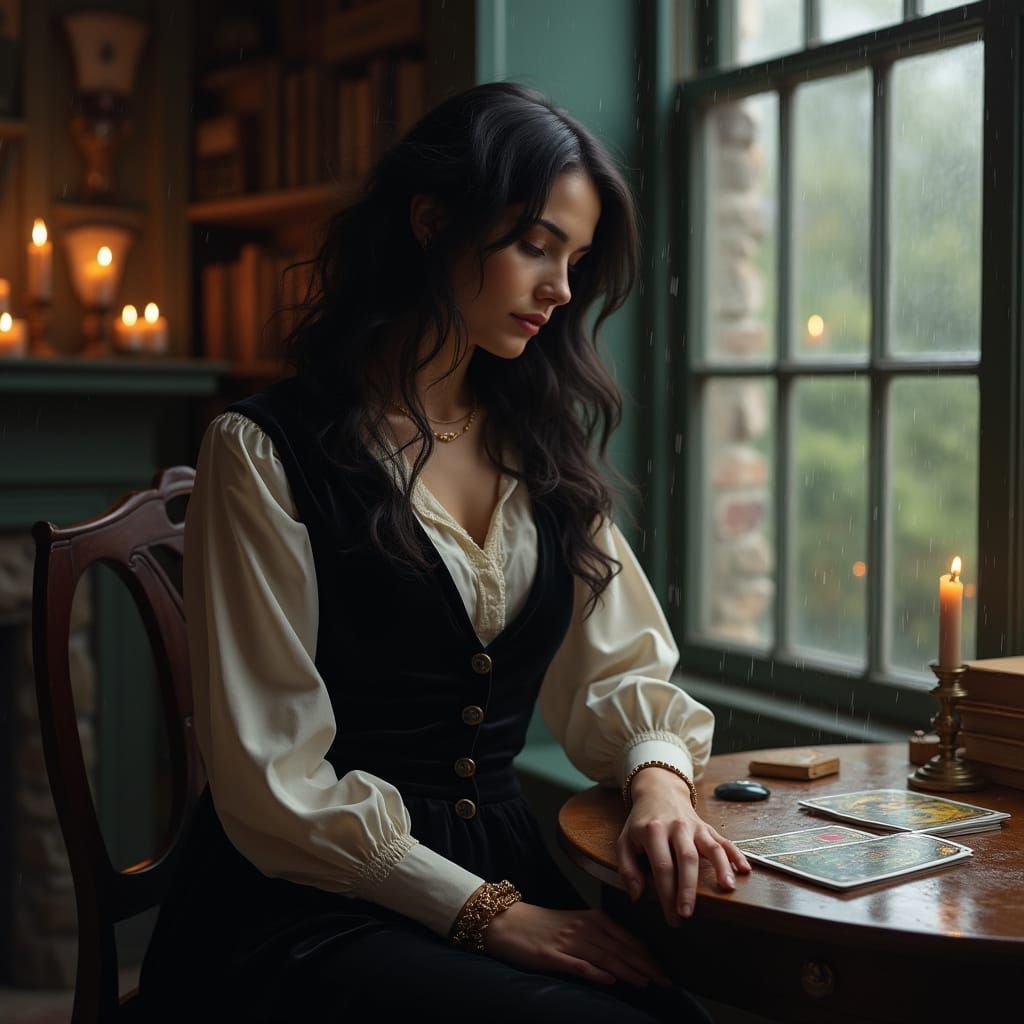 Woman in Velvet Vest and Gold Jewelry in Candlelit Parlor