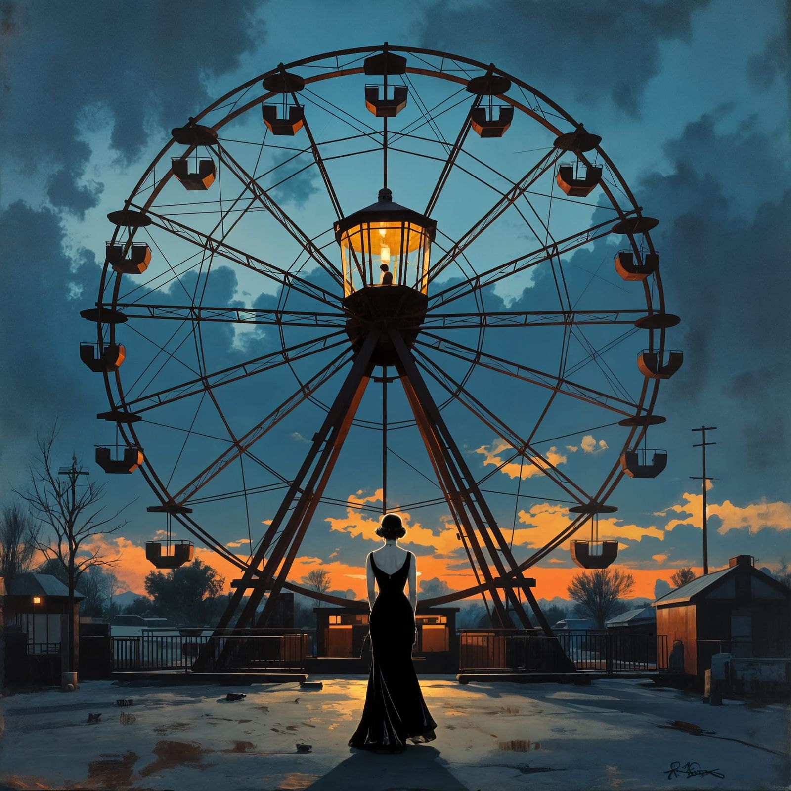 Woman in Gondola on Rusted Ferris Wheel at Twilight
