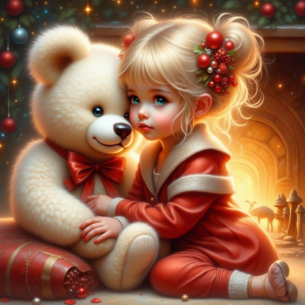 Whimsical Girl Whispers to Teddy Bear in Fireside Glow