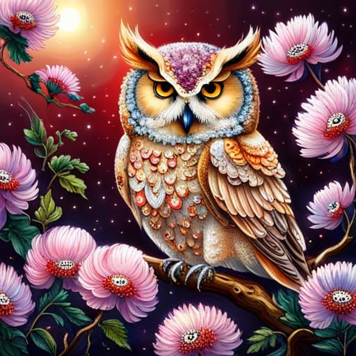 Ornate Spring Owl Made of Flowers and Crystals
