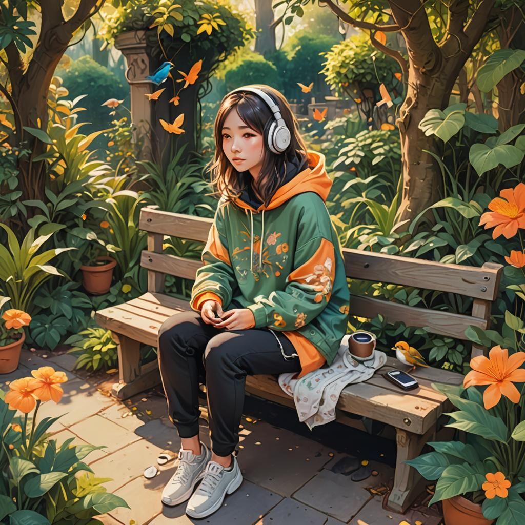 Kawaii Girl in Secret Garden, Miyazaki Style