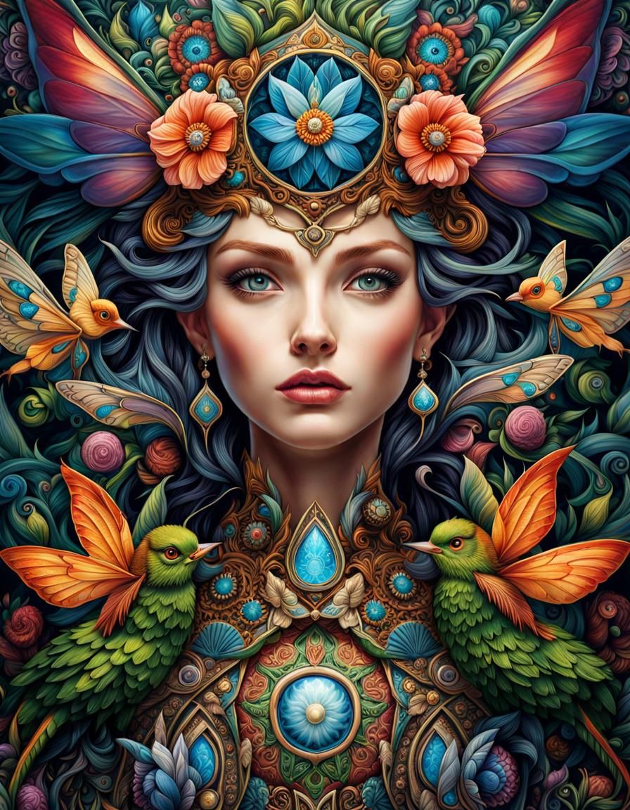 Detailed Fairy Portrait with Fantasy Creatures