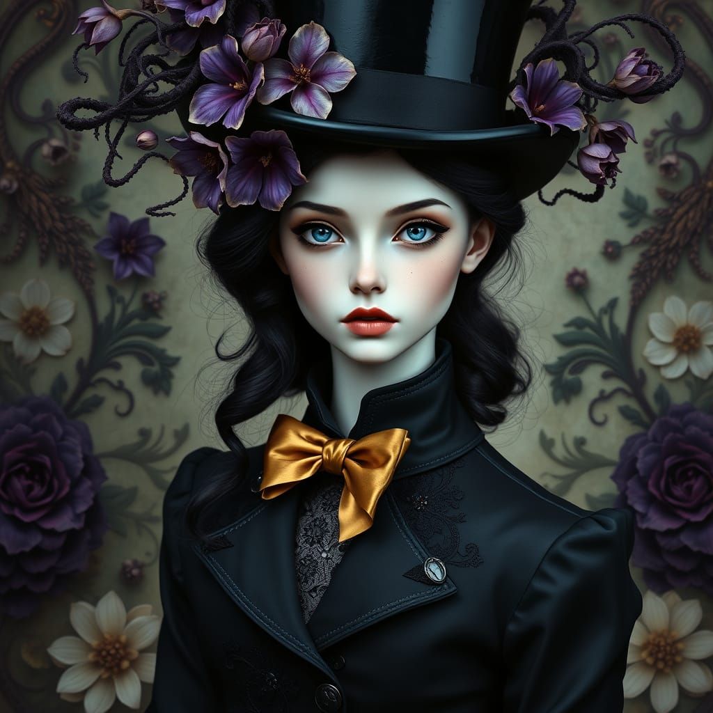 Ethereal Victorian Doll in Dark, Whimsical Elegance