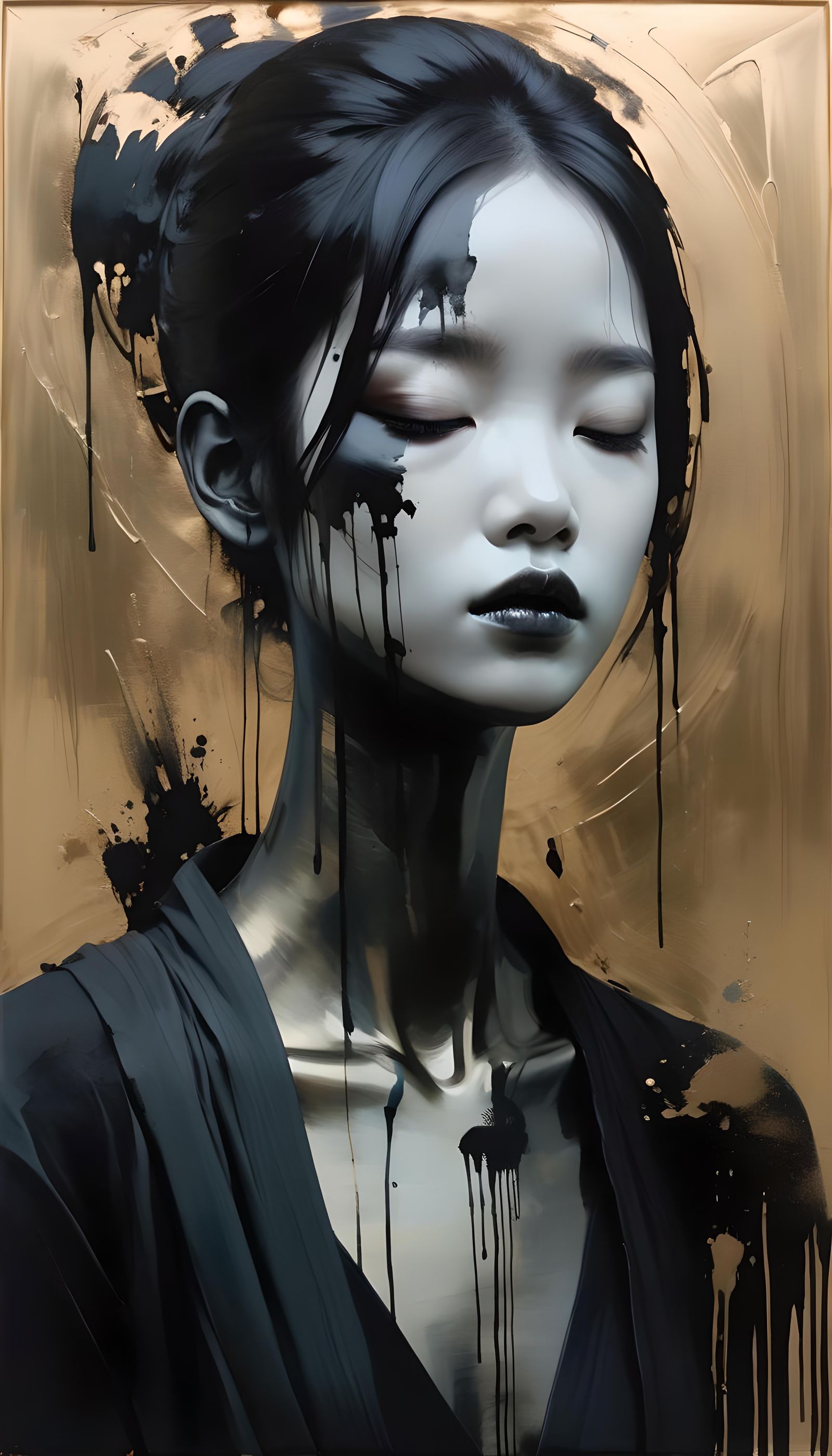 Gothic Woman with Black Makeup, Oil and Watercolor