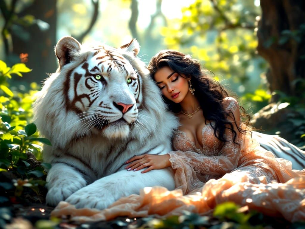 Romantic White Tiger in Ethereal Forest