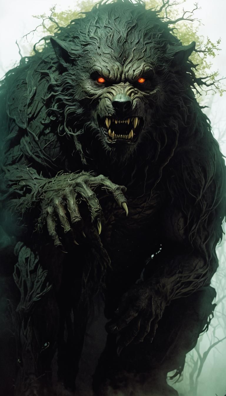 Eerie Werewolf in Misty Forest, Dark Fantasy Art