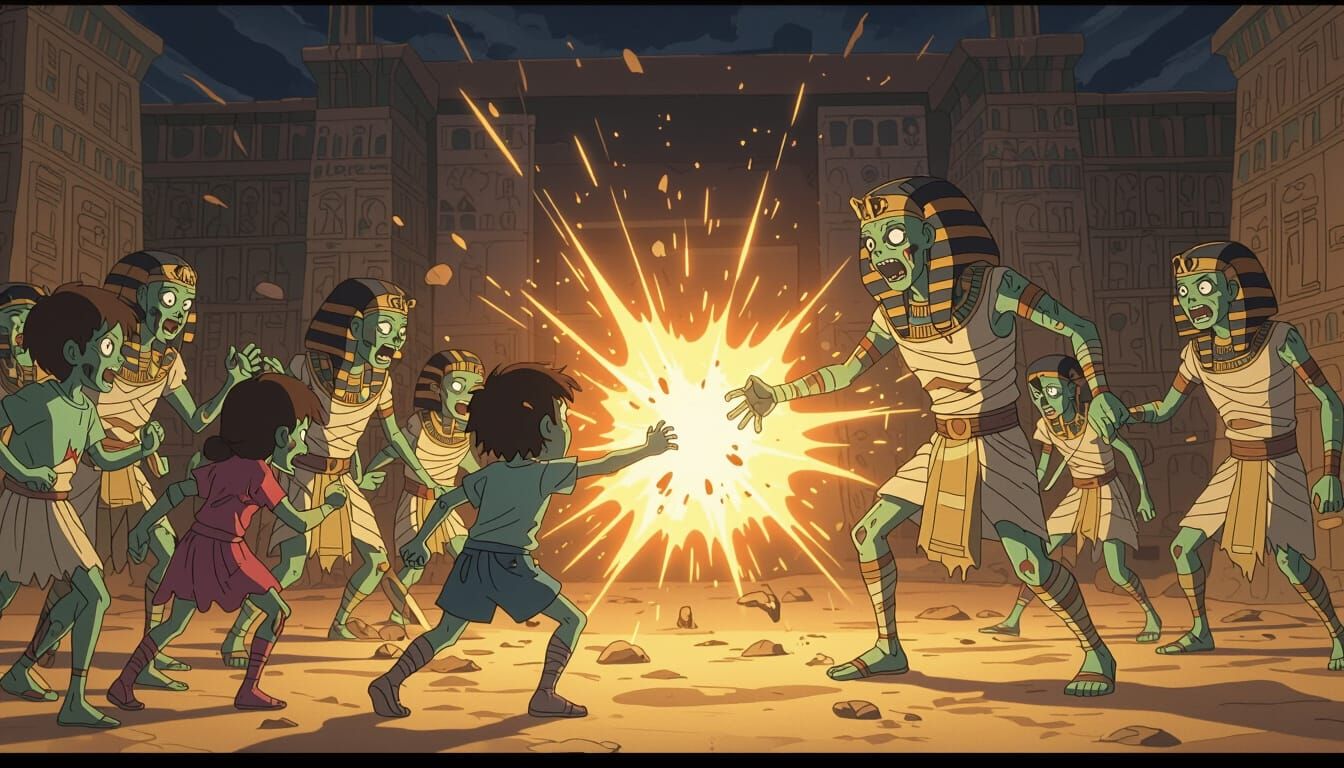 Zombified Children Battle Mummies in Dynamic Anime Style
