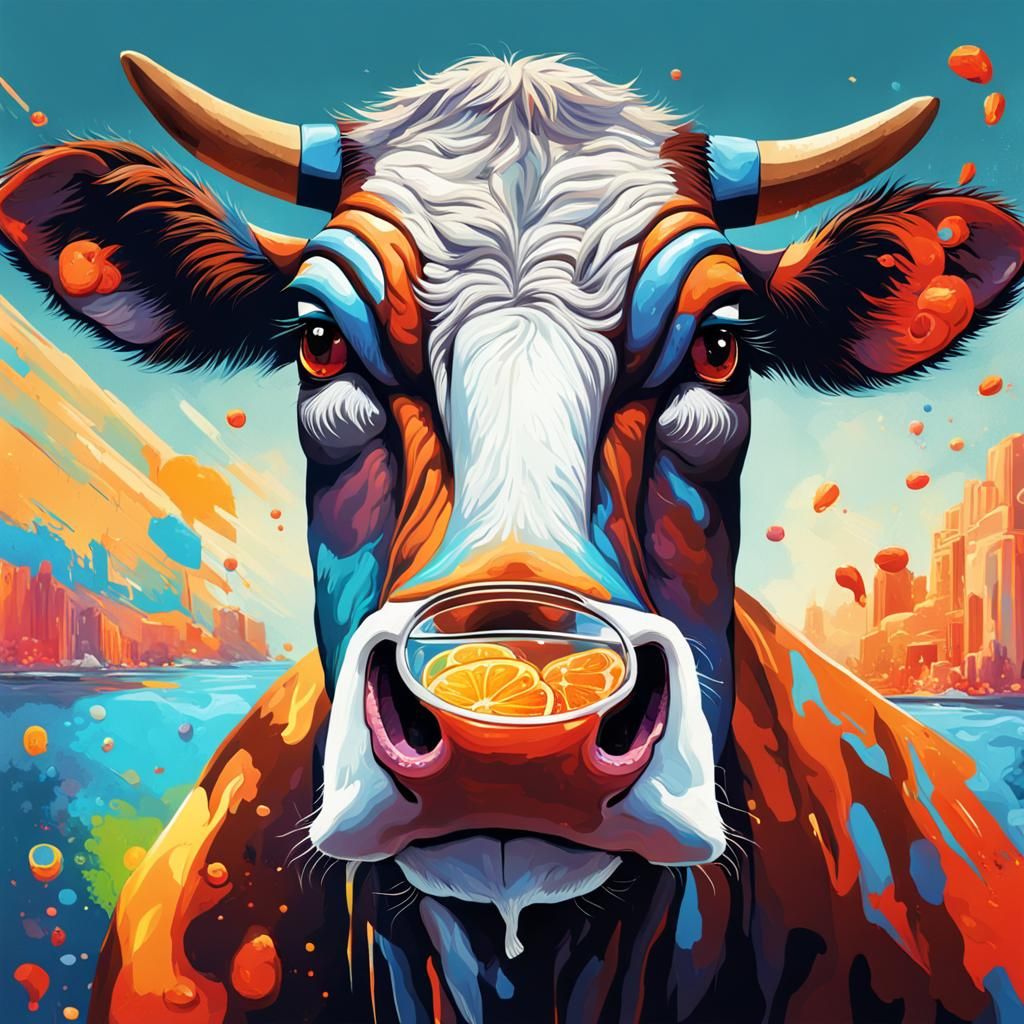 Hyperrealistic Cow as Russian Spy Drinking Vodka