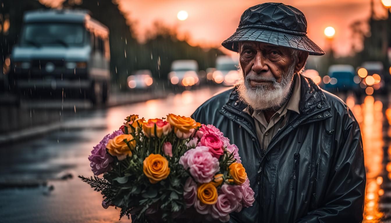Sad Old Man Waiting in Rain at Sunset
