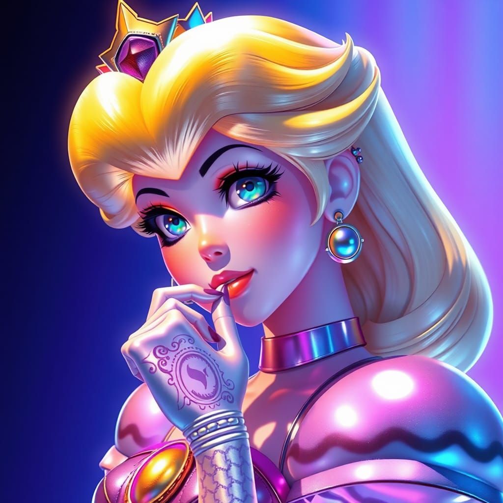 Princess Peach in Sorayama Style: Metallic Hologram