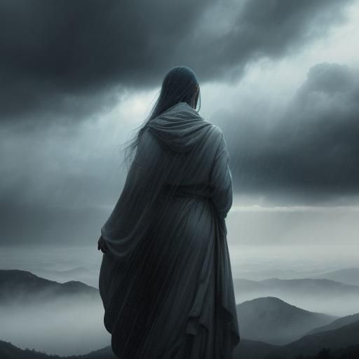 Ethereal Figure in Stormy Landscape Painting