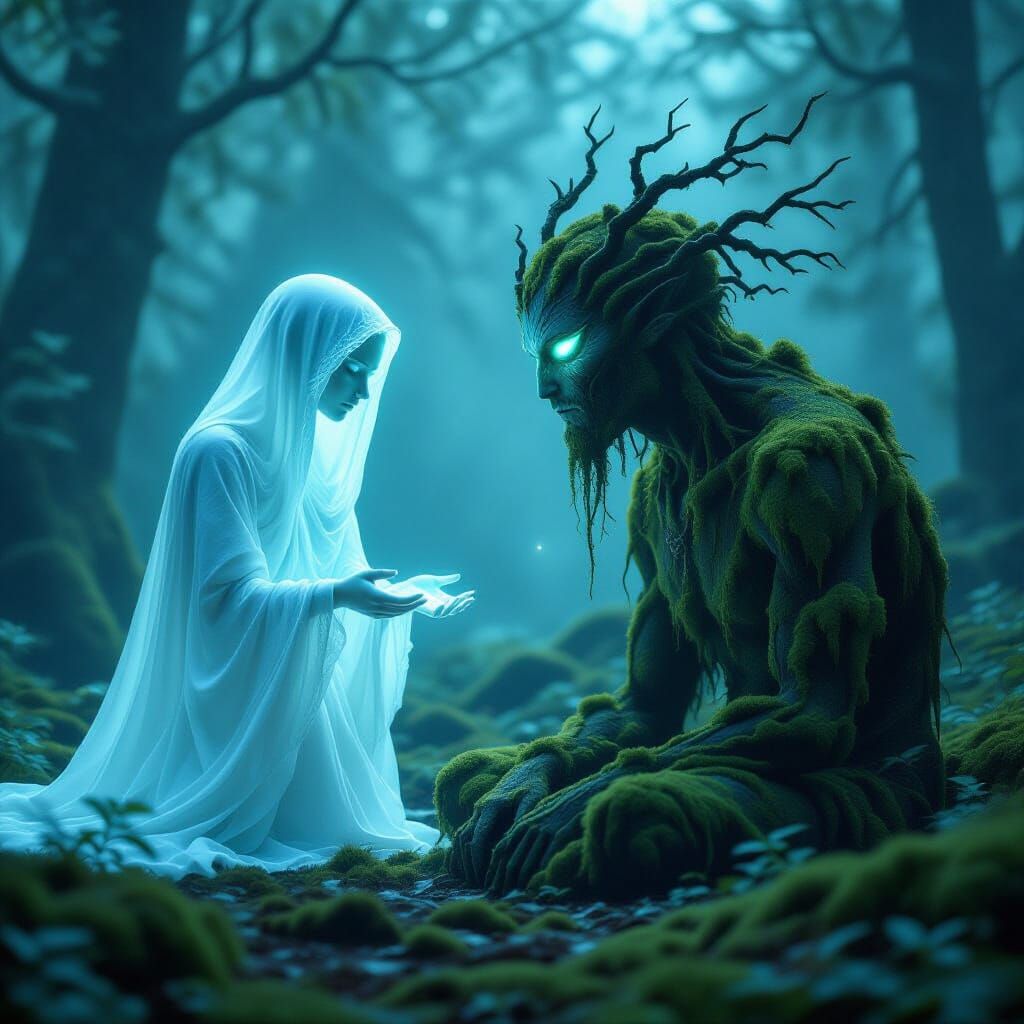Ethereal Spirit Meets Moss Creature in Twilight Forest