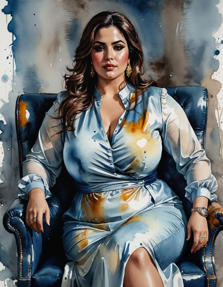 Pop Art Watercolor Portrait of Woman in Blue Dress