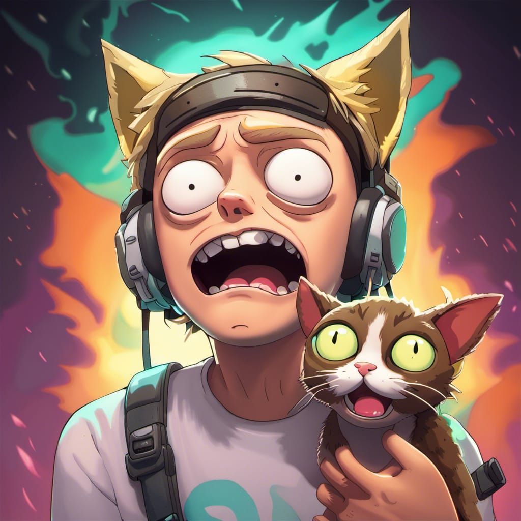 Morty with Cat Ears Holding Shocked Kitten