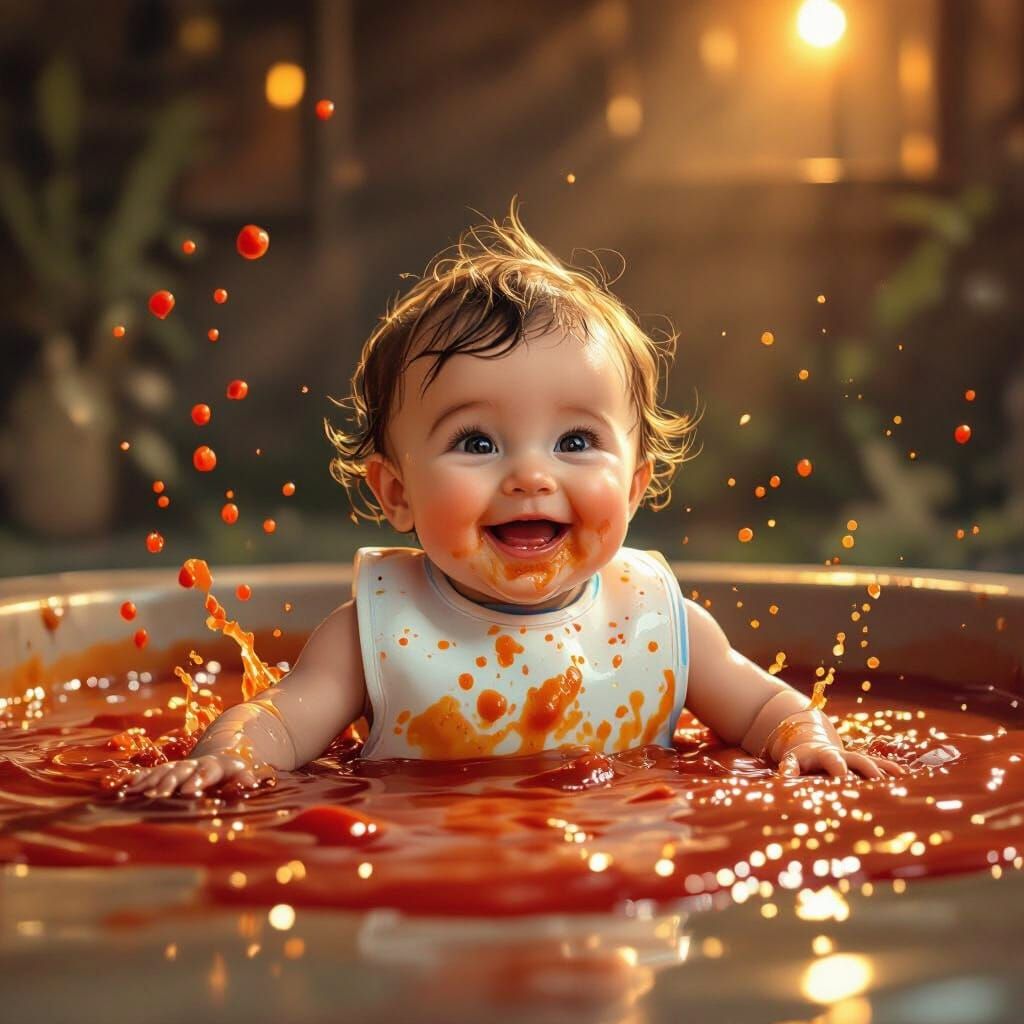 Joyful Baby Splashing in Ketchup Pool, Storybook Style