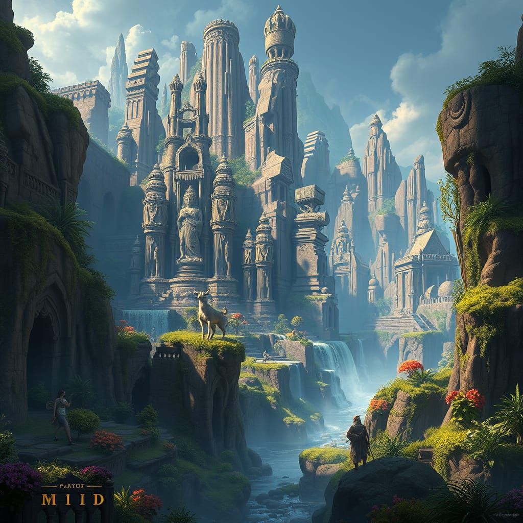 Surreal Fantasy Realm with Ancient Architecture and Lush Veg...