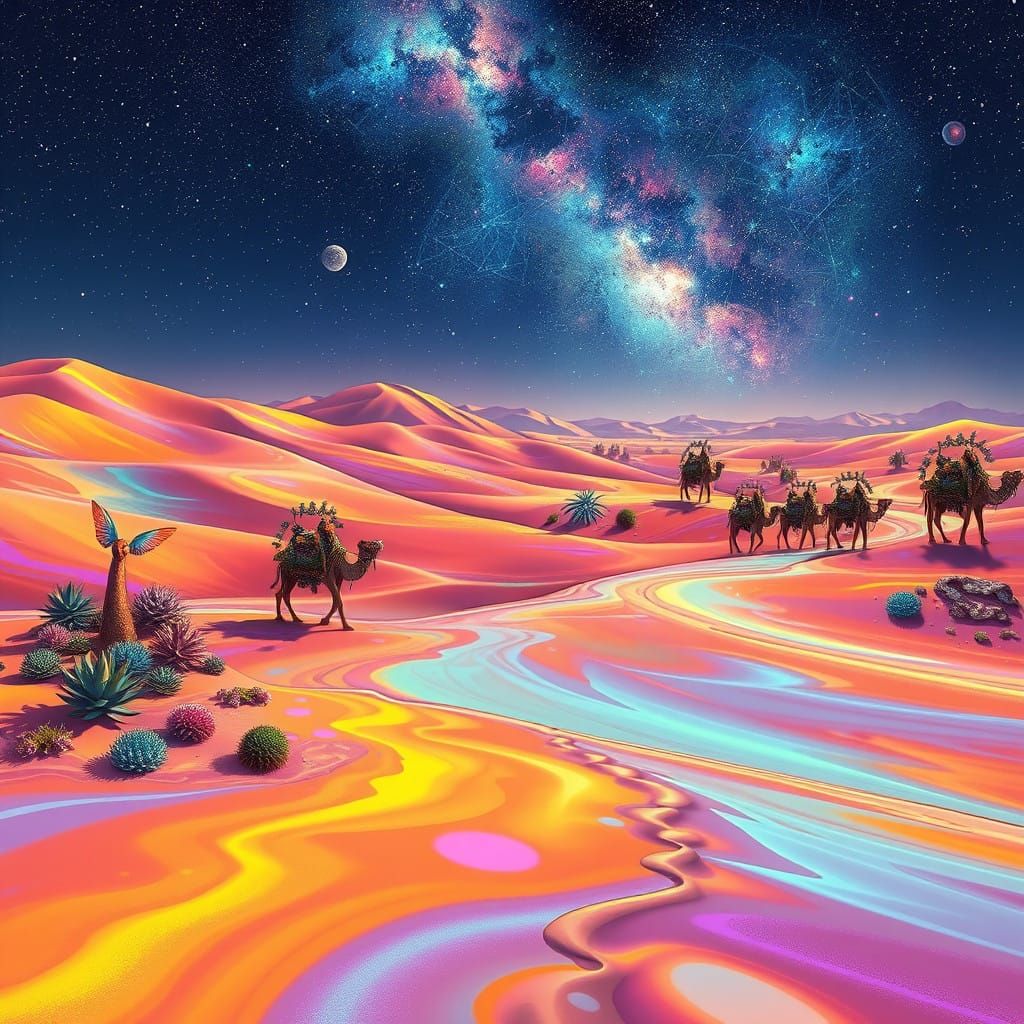 Surreal Desert Oasis with Iridescent Sand and Celestial Glow