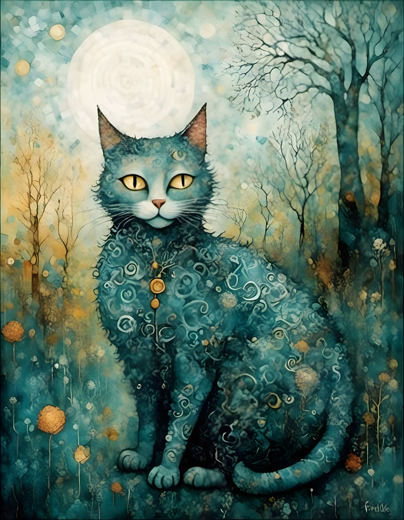 Whimsical Cat Inspired by Klee and Schiele