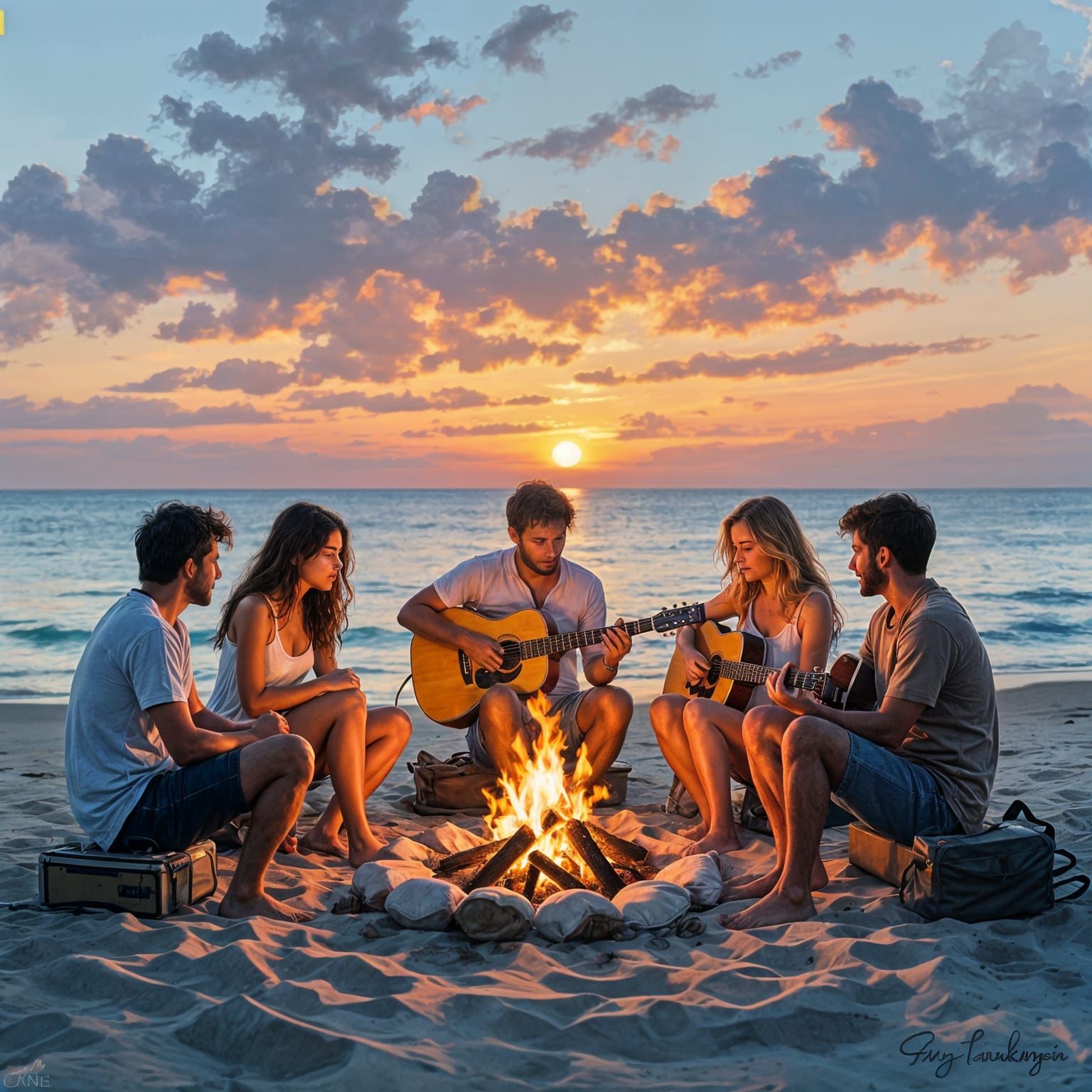 Beach Bonfire at Sunset with Guitar Player