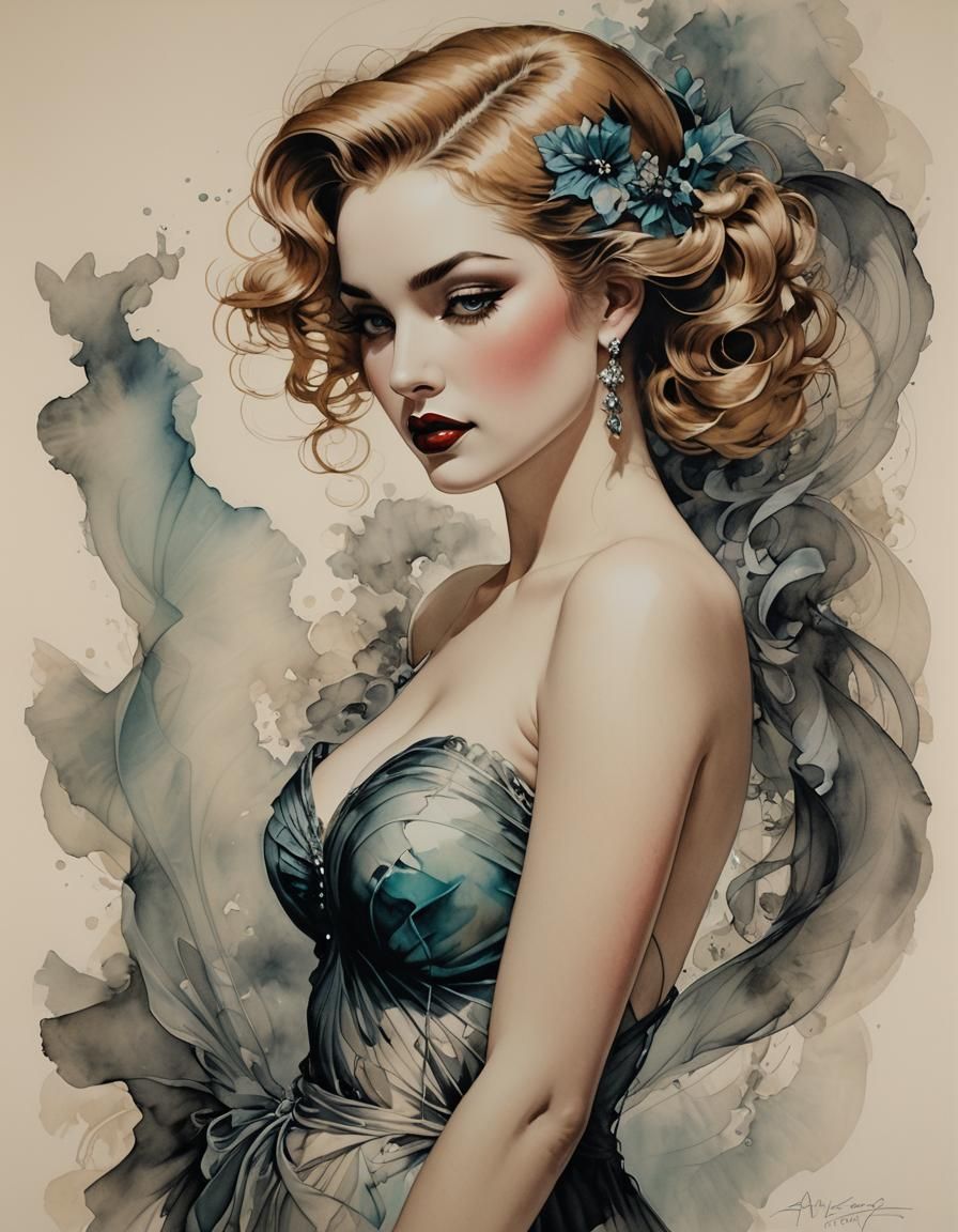 Sensual Female Figure in Surrealist Alcohol Ink Art