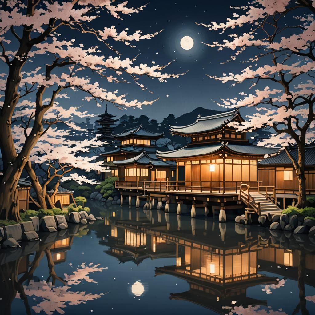 Japanische Ukiyo-e-Kunst,( modern ),Nachtszene in Kyoto, tra...