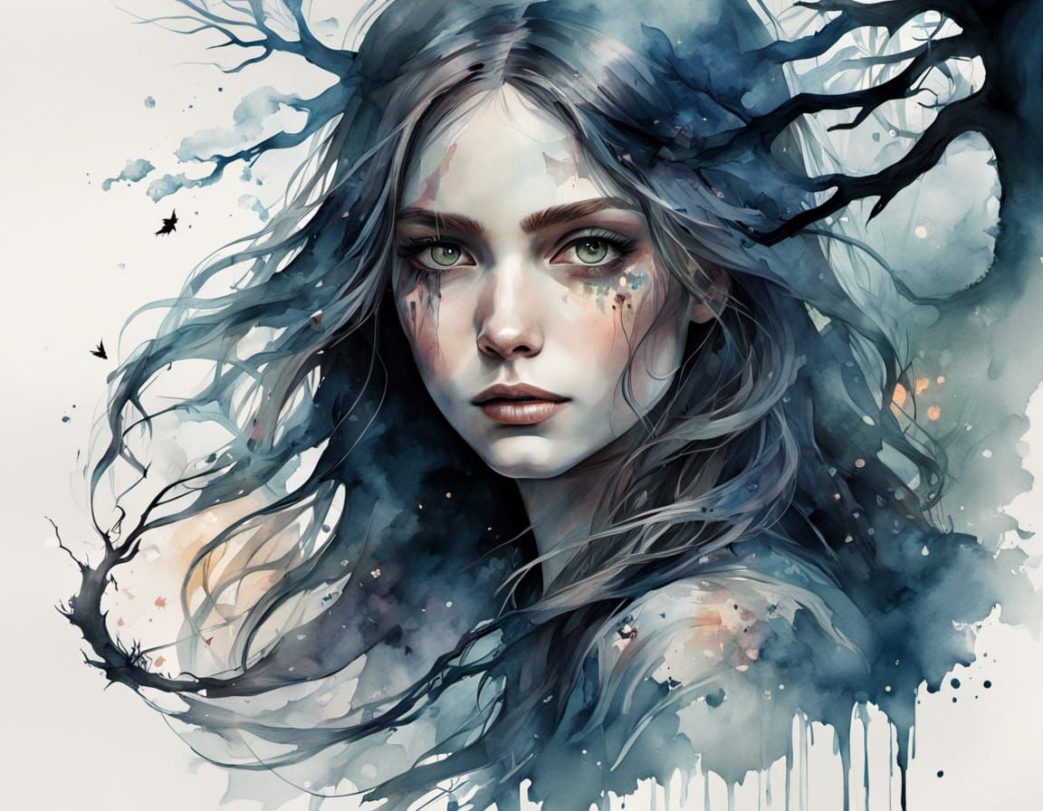 Ethereal Witch Portrait with Watercolor Effects