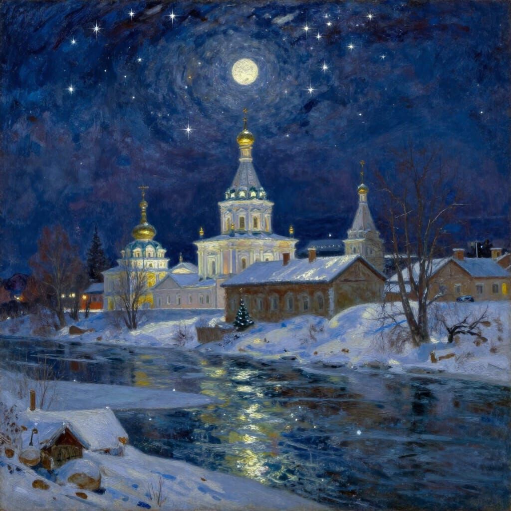 Old Winter Monastery Under Christmas Star