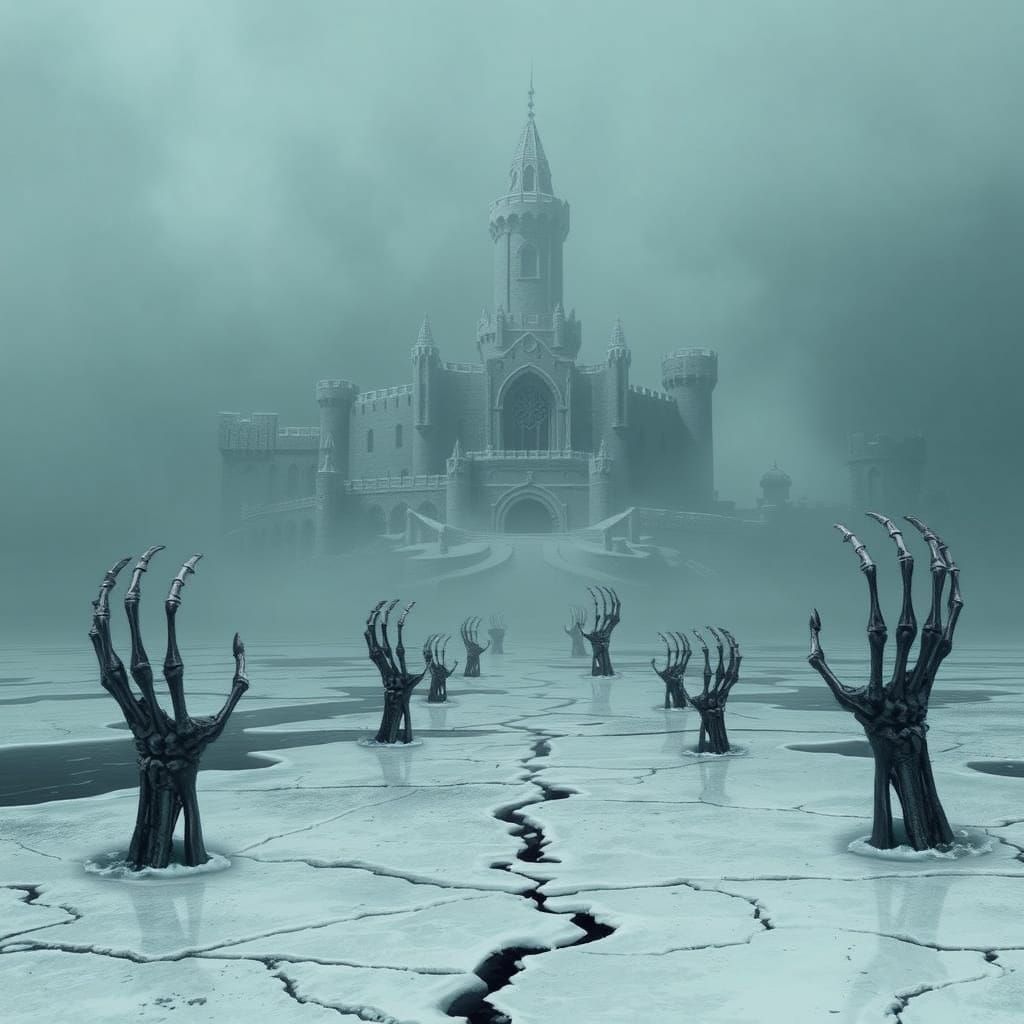 Frozen Castle on Shattered Lake, Guarded by Skeletal Arms