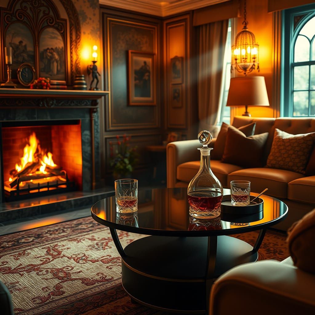 Cozy Art Nouveau Living Room with Crackling Fireplace