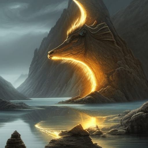 Golden Horse on Lake at Dawn: Fantasy Art