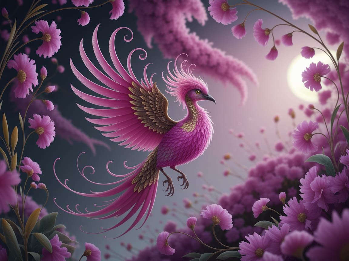 Ethereal Bird of Wonder in Vibrant Pink and Gold