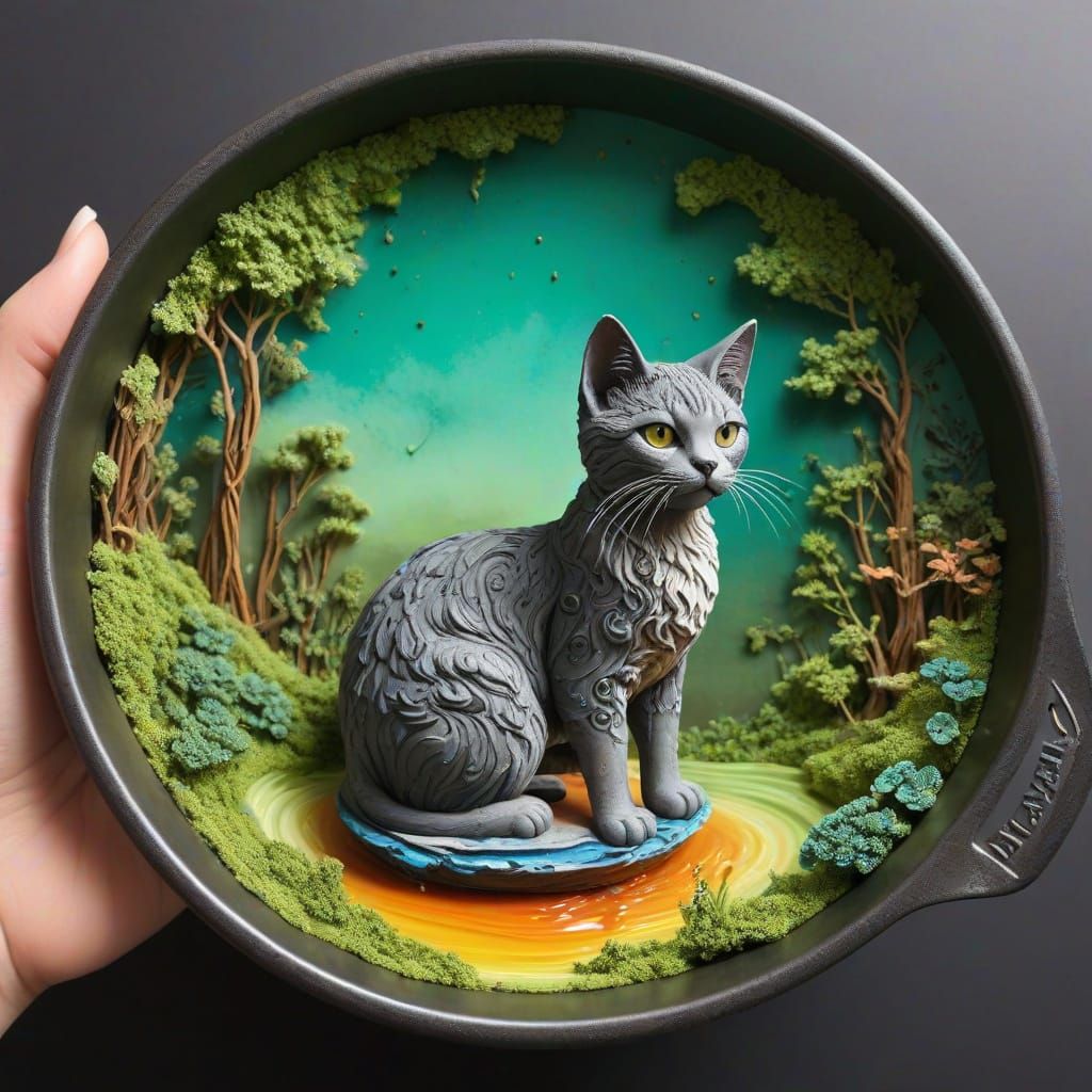 Egyptian Cat Figure in Landscape Frying Pan