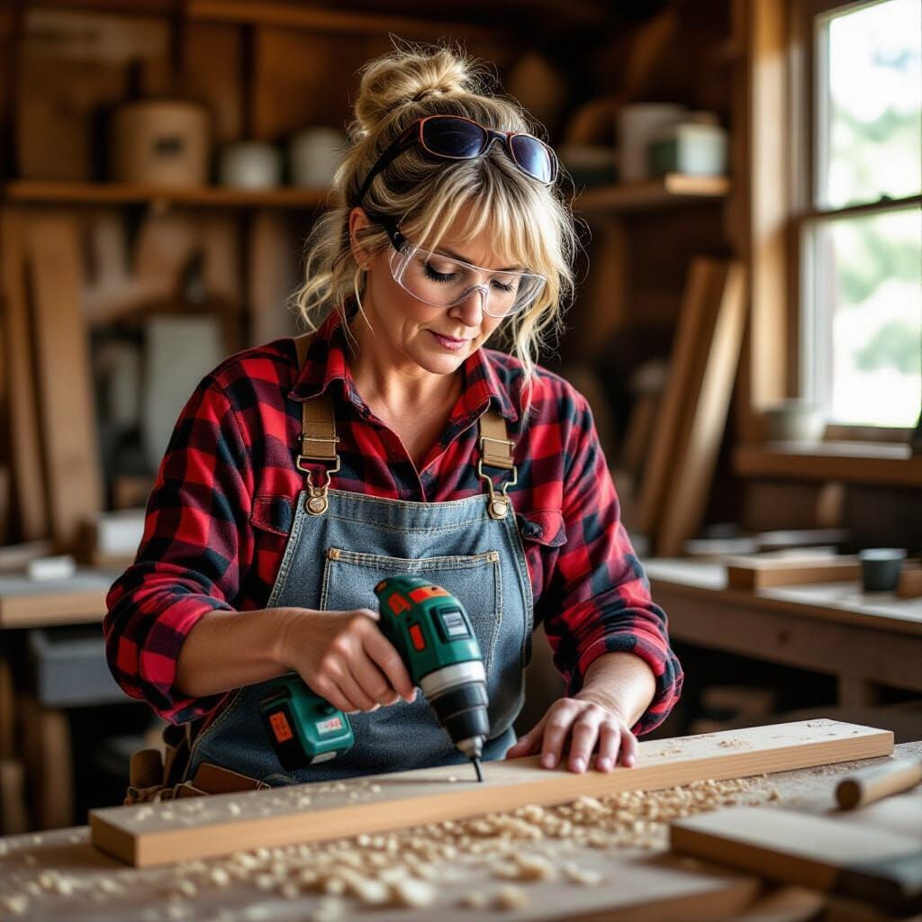 Carpenter Working in Workshop with Electric Drill