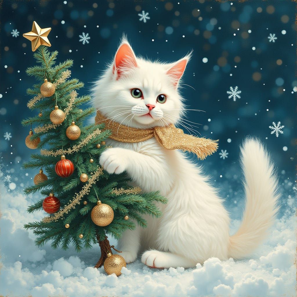 Dreamlike Whimsy in Ukiyo-E Style: White Cat Plays in Snowy...