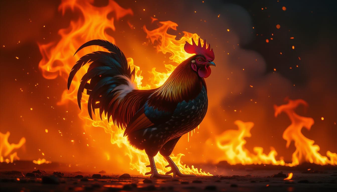 Flaming Fire Chicken Silhouette in Gothic Neon Style