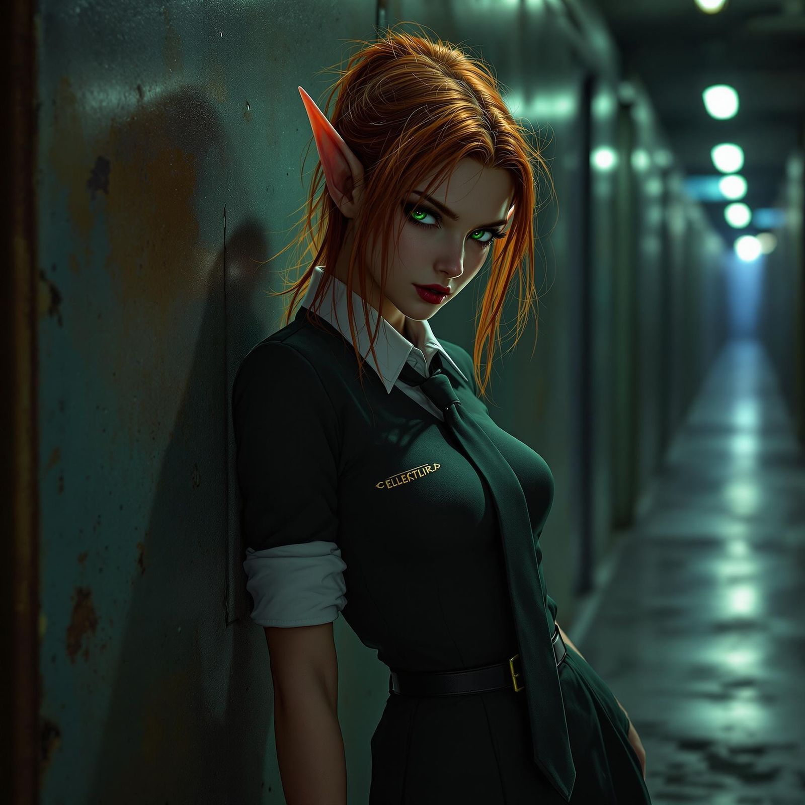 Rebellious Elf Girl Leans Against Dystopian Hallway Wall