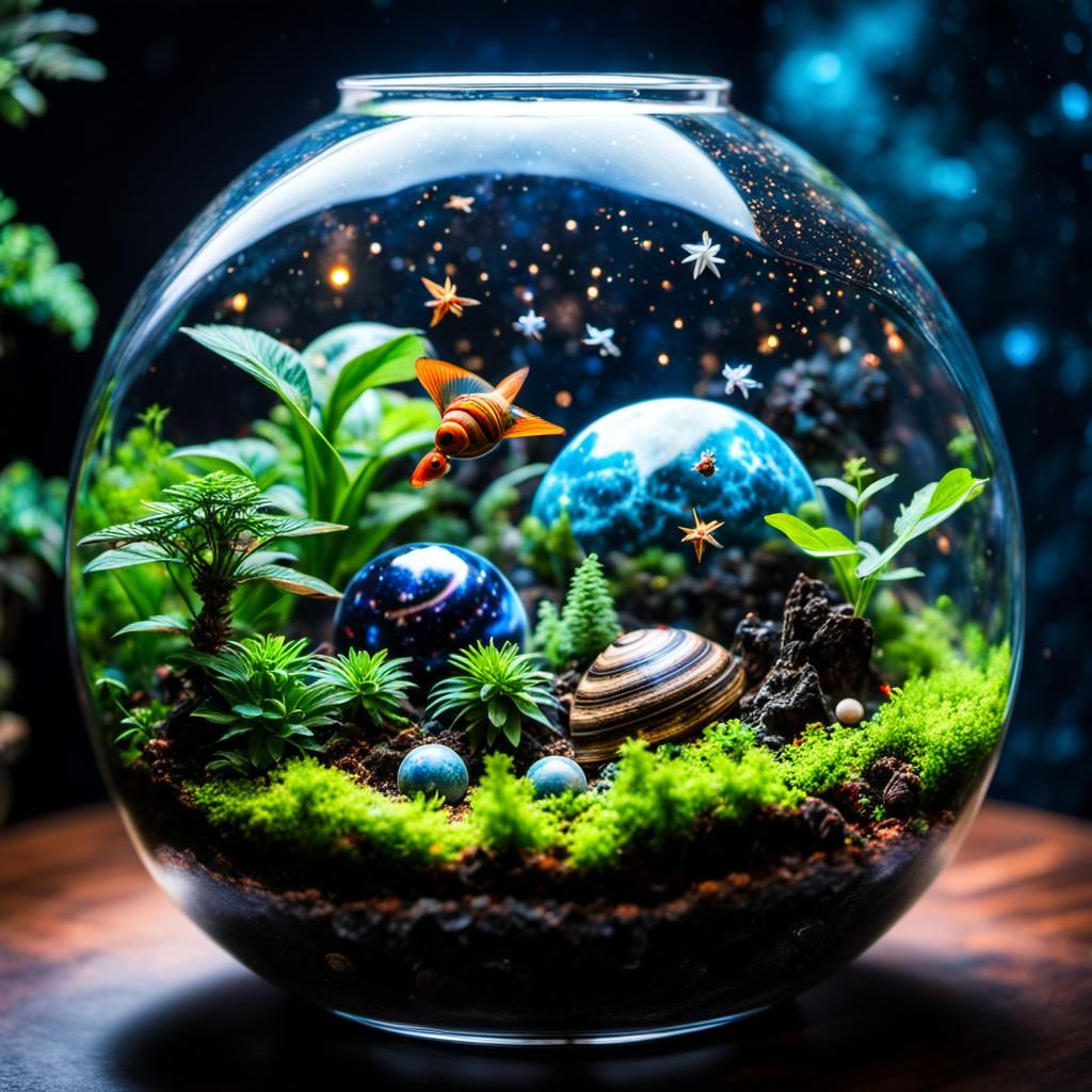 Terrarium of Spaceships and Nebulas: Hyperrealistic Photo